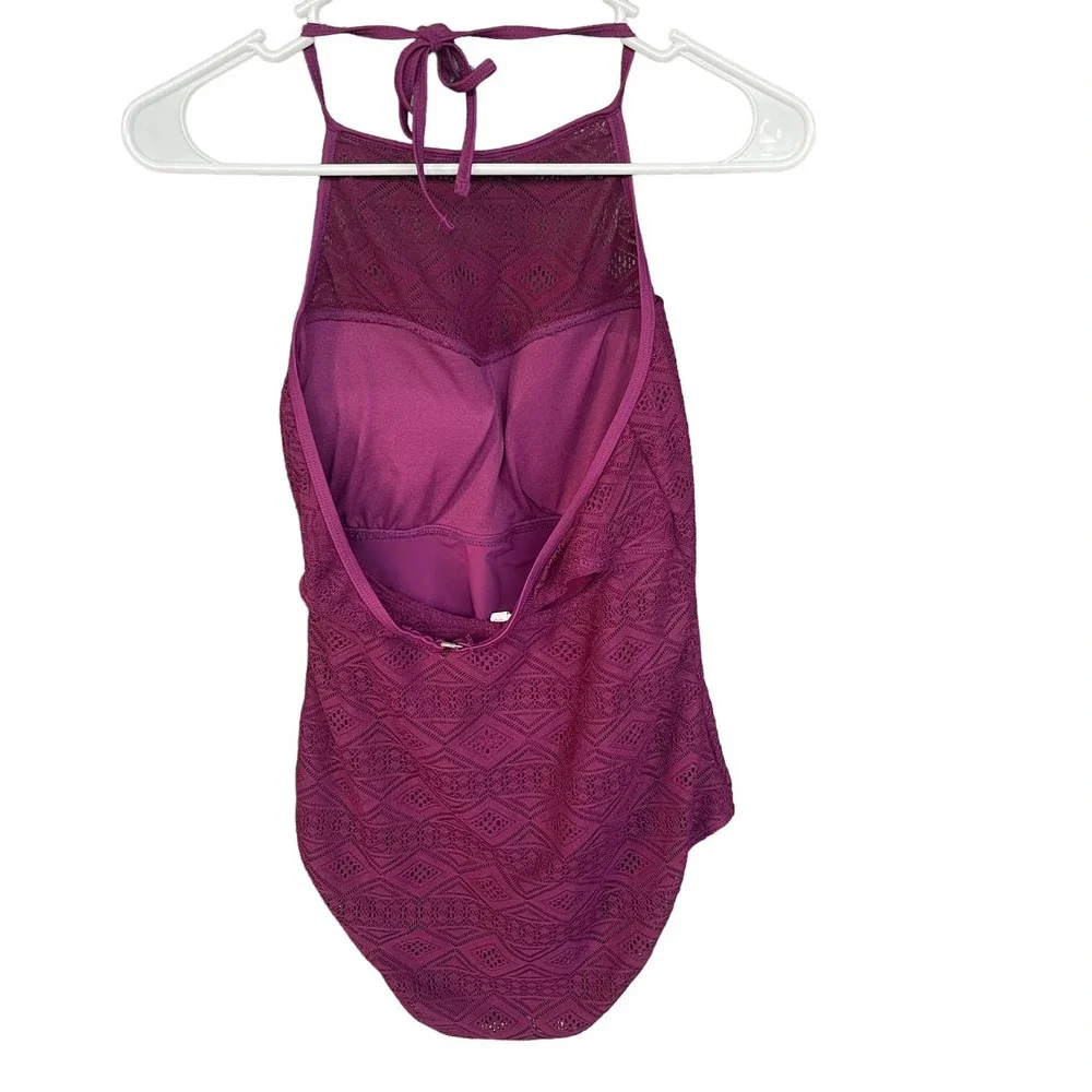 SO Swimsuit Womens Large‎ Purple One Piece Halter Crochet Overlay